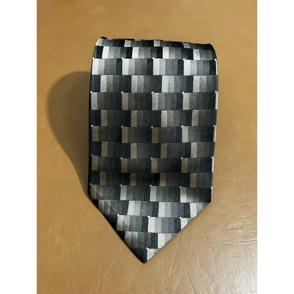 J. Ferrar 100% Silk Tie Gray Black Geometric Block Pattern 58" Handmade Necktie